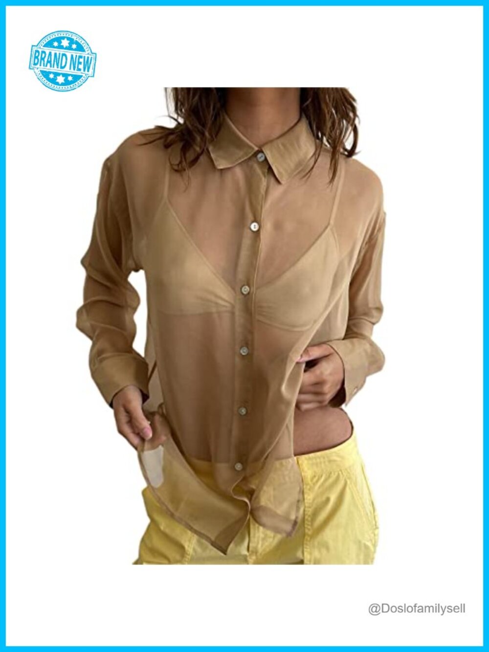Sheer Button Up Shirt Long Sleeve V Neck Mesh Blouse Streetwear